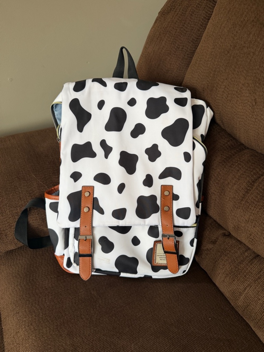 Men's Cow Print Canvas Backpack with Brown Trim